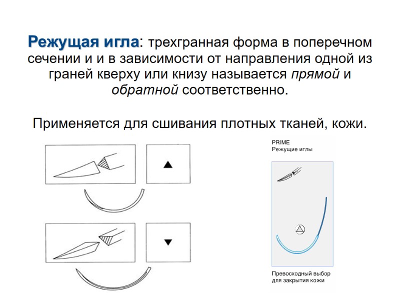 Режущая игла: трехгранная форма в поперечном сечении и и в зависимости от направления одной